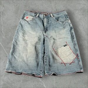 P Miller Jorts Mens 38 Blue Y2K Baggy Wide Leg Grunge Skater Hip Hop Embroidered